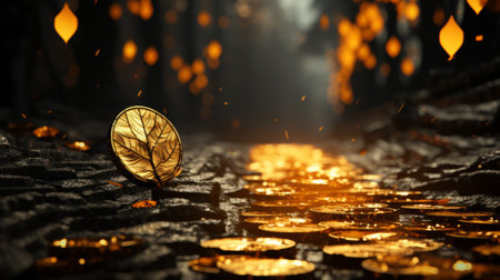 Golden coins with leaf patterns in a dark city. 3D Macro illustration.の素材