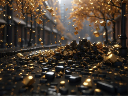 3d render of golden coins falling down on the ground in the cityの素材