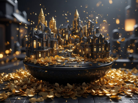 Cityscape with golden coins on a black background. 3d renderingの素材