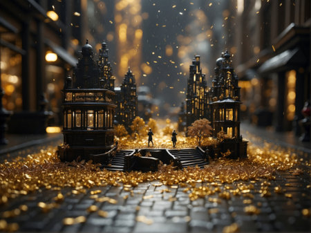 Miniature people walking in the city at night. Christmas concept.の素材