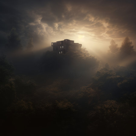 Mysterious house in the foggy forest. 3D renderingの素材