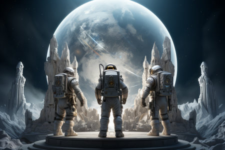 Three astronauts standing on alien planet looking at the earth. 3D rendering.の素材