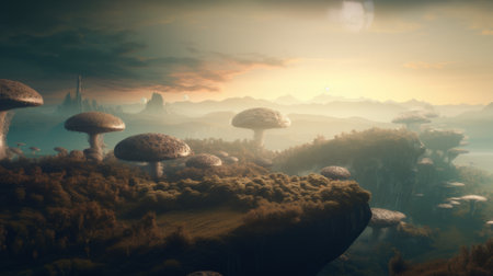 Fantasy landscape with mushrooms and fog. 3d render illustration.の素材
