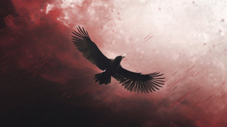 3d rendering of a crow flying in the sky with a misty red backgroundの素材