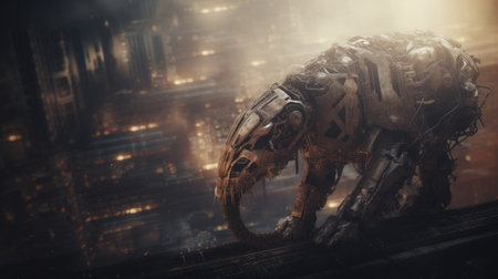 Mechanical cyborg animal on the background of the night city. 3d rendering.の素材