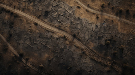 Dirt road in desert, aerial view. 3d rendering.の素材