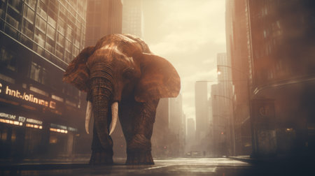 Surreal elephant walking in the foggy city. 3d rendering toned imageの素材