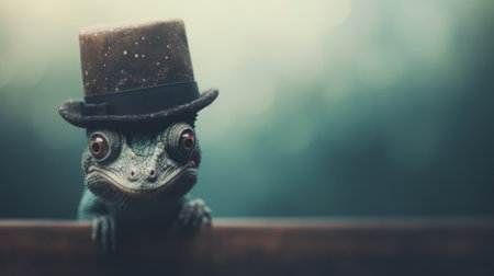 Little funny chameleon in top hat on misty background, vintage styleの素材