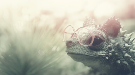 Cute chameleon with glasses in the garden, vintage filterの素材