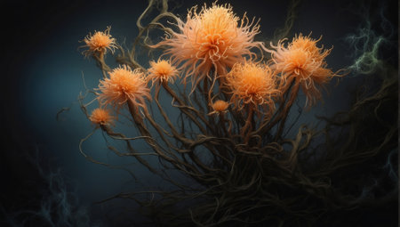 3d illustration of abstract orange flowers over dark background, digitally generated imageの素材