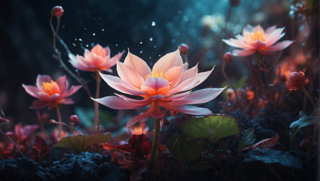 Beautiful pink lotus flower blooming in the forest with sunlight.の素材