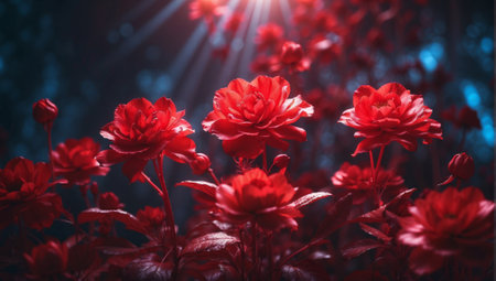 Beautiful red flowers on a dark background with rays of light.の素材