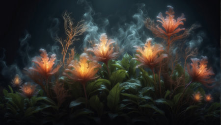 Illustration of a beautiful fantasy flower with fire and smoke in the darkの素材