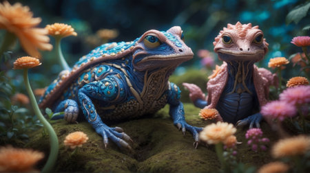 Tropical blue frog and flower in the garden. Toned.の素材