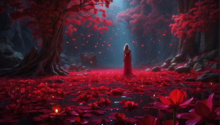 Mystical dark forest with red lotus flowers and woman in red dressの素材