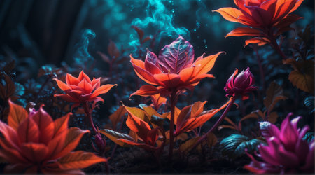 Red flower in the garden with blue background,3d rendering. Computer digital drawing.の素材