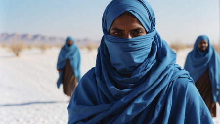 Portrait of a young muslim woman wearing blue shawl in the desertの素材