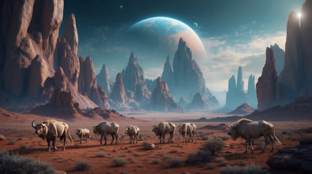 Herd of Animals in the desert of a fantasy Planet. 3d rendering illustration.の素材