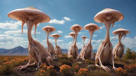 Alien mushroom creatures in the otherworldly desert.の素材