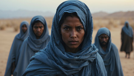Unidentified Ethiopian people in the desert. People in Ethiopia suffer of poverty due to the unstable situationの素材