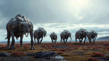 Elephants in the highlands of Iceland. 3d renderの素材