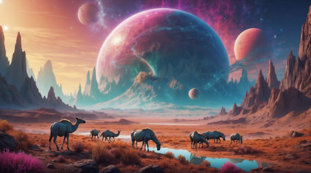 Fantasy alien planet. Mountain and wild animals. 3D illustrationの素材