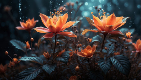Orange flowers in the meadow with rain drops at night. Floral background.の素材