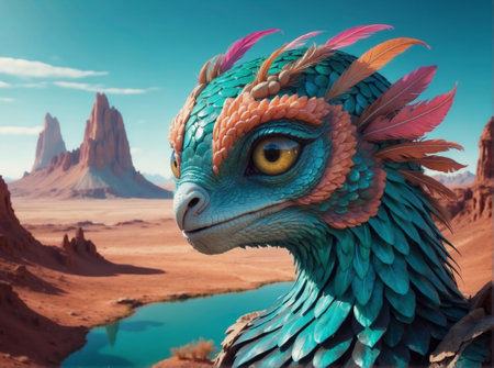 3D rendering of a colorful dragon in a desert environment with a lakeの素材