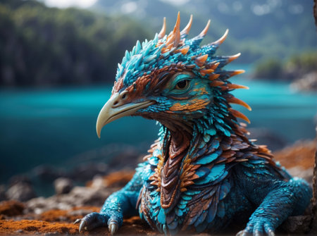 Close-up of the head of a blue and orange dragon.の素材