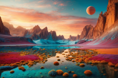 Fantasy alien planet. Mountain and lake. 3D illustration.の素材