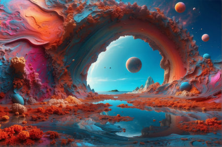 Fantasy alien planet. Mountain and lake. 3D illustration.の素材