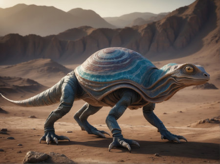3D rendering of a dinosaur in the desert. Fantasy world.の素材