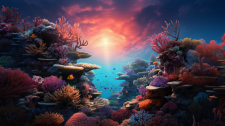 Colorful coral reef and tropical fish. 3d render illustration.の素材