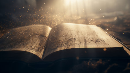 Open old book with glowing lights in a dusty place. Selective focus.の素材