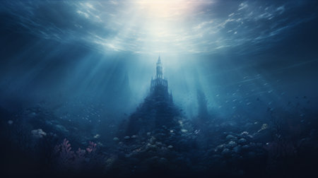 Spaceship in deep sea. 3D rendering. Fantasy landscape.の素材