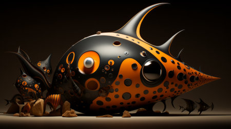 Abstract 3d illustration of a fantasy creature with orange eyes and black backgroundの素材