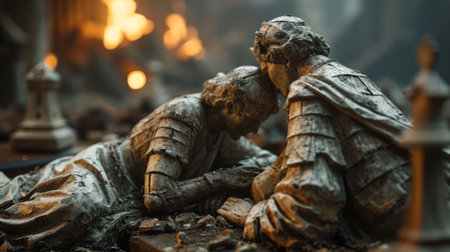 Statues of two medieval knights on the background of a fire.の素材