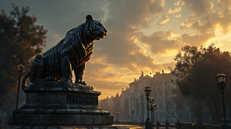 Statue of a tiger in the center of an ancient city at sunset.の素材