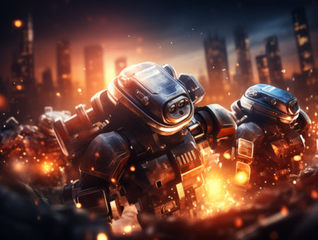 3D rendering of robot in futuristic space. Artificial intelligence concept.の素材