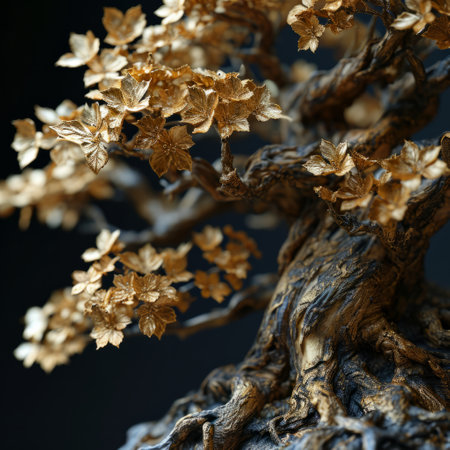 Bonsai tree with golden leaves on black background. Close up.の素材