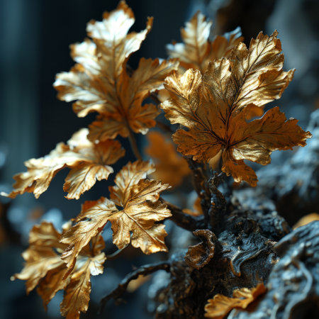 golden leaves on a tree in the forest. Selective focus.の素材