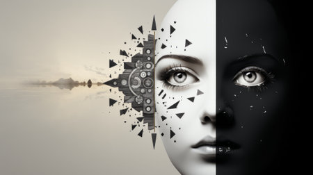 Abstract Portrait of a beautiful woman with black and white make-up on the background of the cityの素材