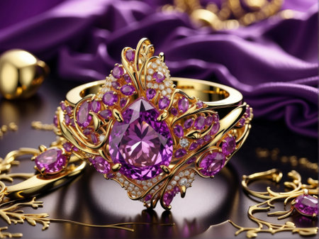 jewelry gold ring with precious stones on purple background, closeupの素材