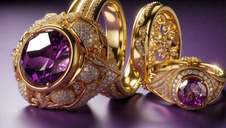 Jewelry ring with precious stones on purple background. 3d illustrationの素材