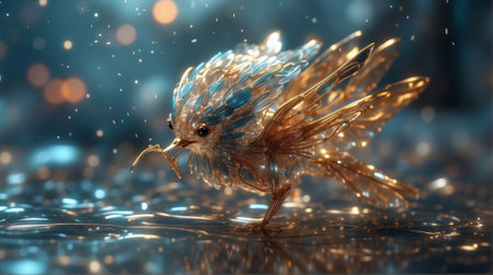 3d illustration of golden bird in water with bokeh backgroundの素材