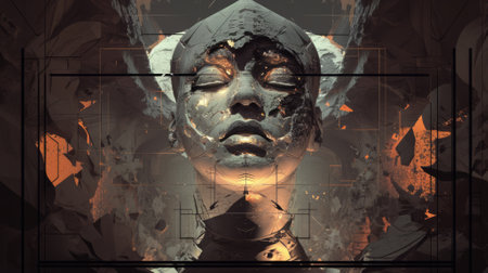 Digital Illustration of a Female Face in a Futuristic Artworkの素材