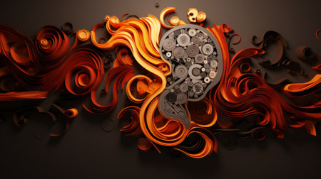 3d illustration of abstract background with gears and cogwheels in fireの素材