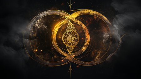 Ornament mandala design in gold and black colors with smokeの素材