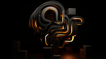 3d rendering of abstract background with geometric shapes in black and orange colorsの素材