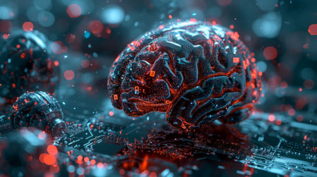 3d illustration of abstract human brain, computer circuit board background.の素材
